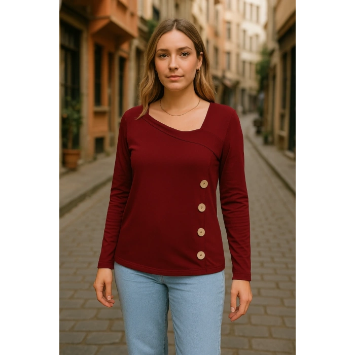 Kadın Uzun Kollu Geometrik Yaka Detay Yandan Düğmeli Viskon Iki Iplik Bluz