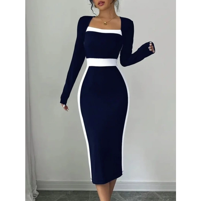 Kadın Uzun Kollu Geometrik Yaka Midi Ithal Krep Elbise