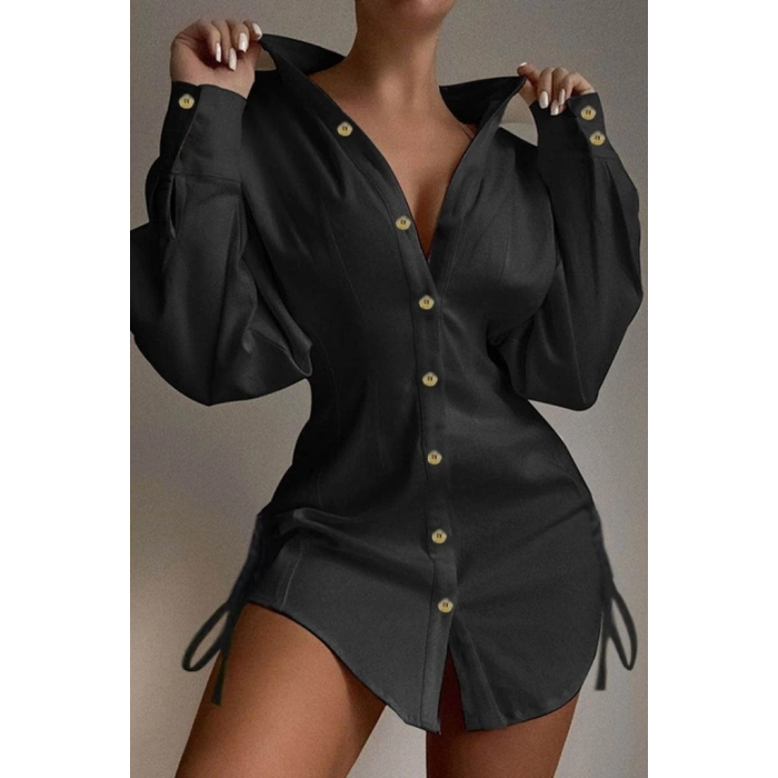 Kadın Uzun Kollu Gömlek Yaka önden Düğmeli Yanlardan Büzgülü Kısa Aerobin Elbise