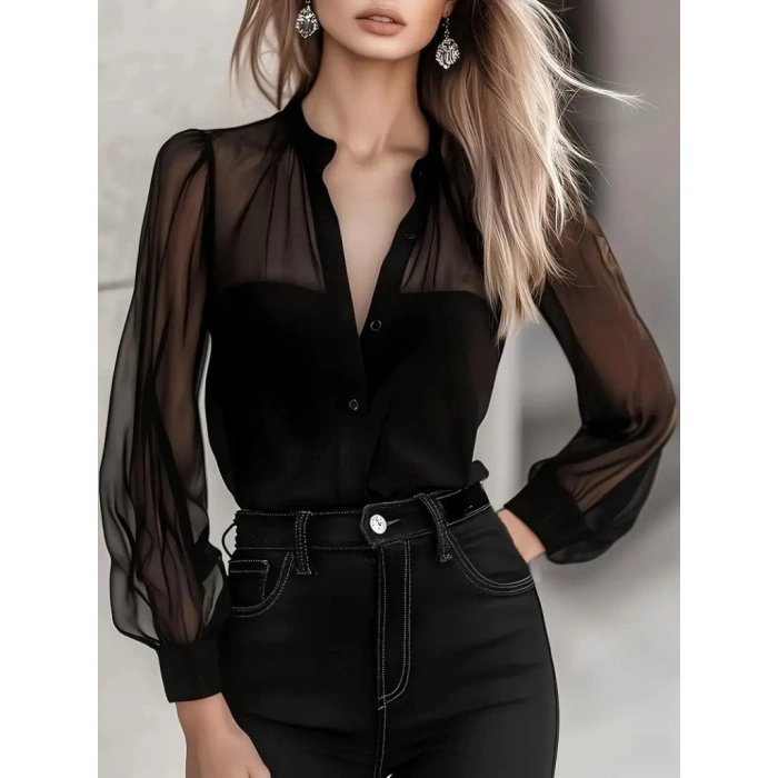 Kadın Uzun Kollu Hakim Yakalı önden Düğmeli Tül Detaylı Trikoton Gömlek