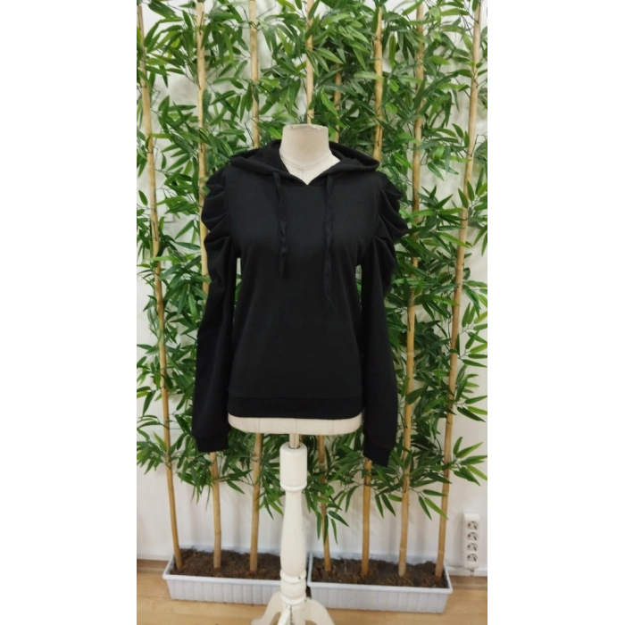 Kadın Uzun Kollu Kapşonlu Bağcıklı Kollarda Büzgü Detaylı Iki Iplik Bluz