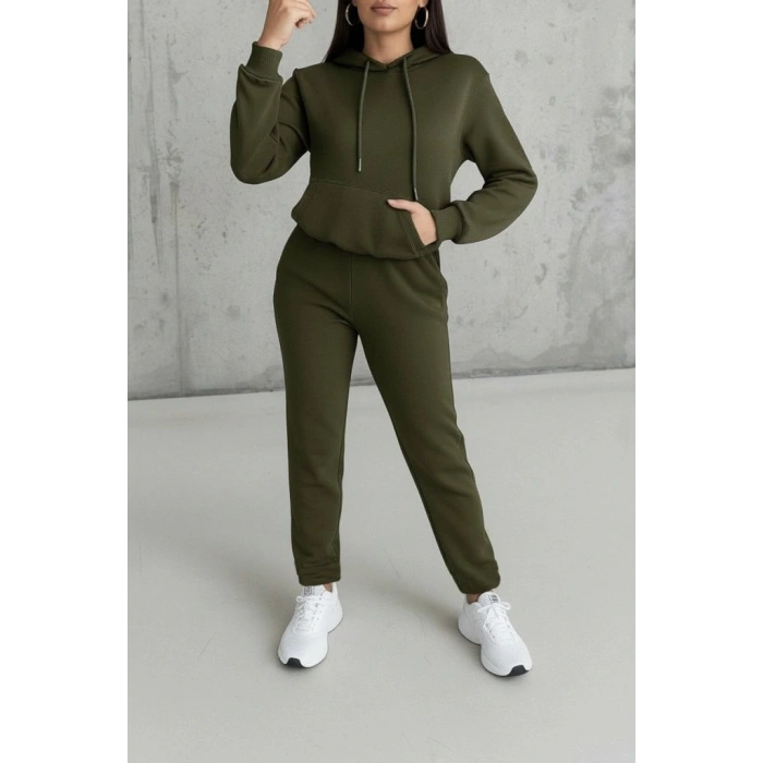 Kadın Uzun Kollu Kapşonlu Bağcıklı üç Iplik Bluz Ve Pantolon Ikili Takım