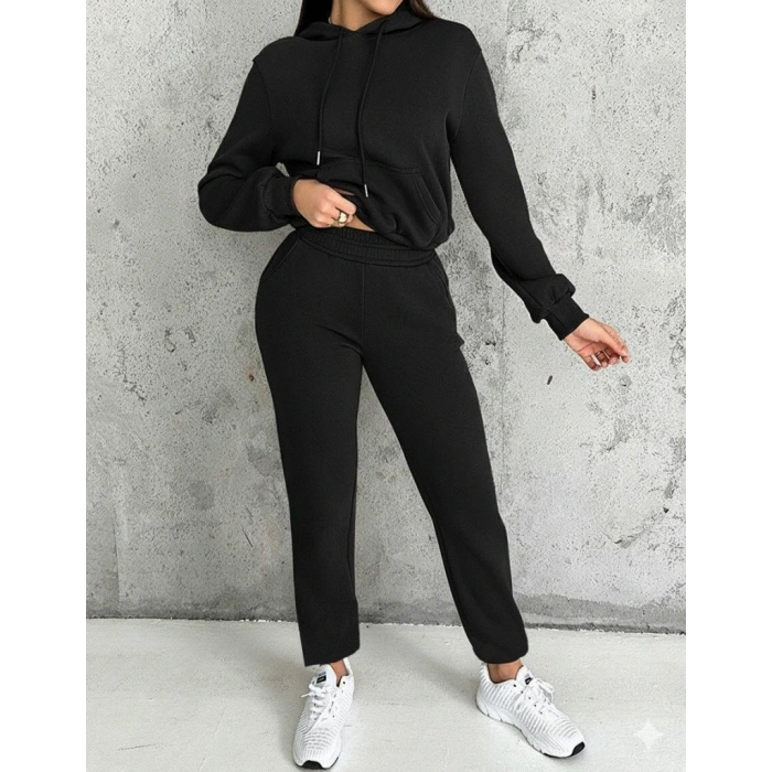 Kadın Uzun Kollu Kapşonlu Bağcıklı üç Iplik Bluz Ve Pantolon Ikili Takım