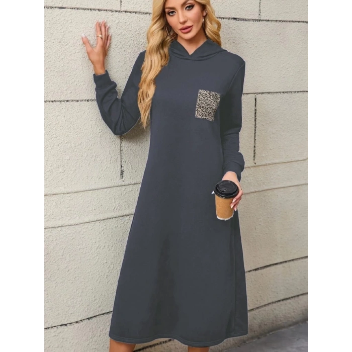 Kadın Uzun Kollu Kapşonlu Cep Detaylı Viskon Iki Iplik Maxi Elbise