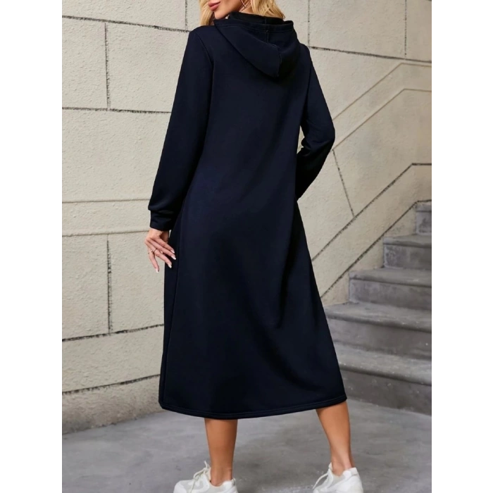 Kadın Uzun Kollu Kapşonlu Cep Detaylı Viskon Iki Iplik Maxi Elbise