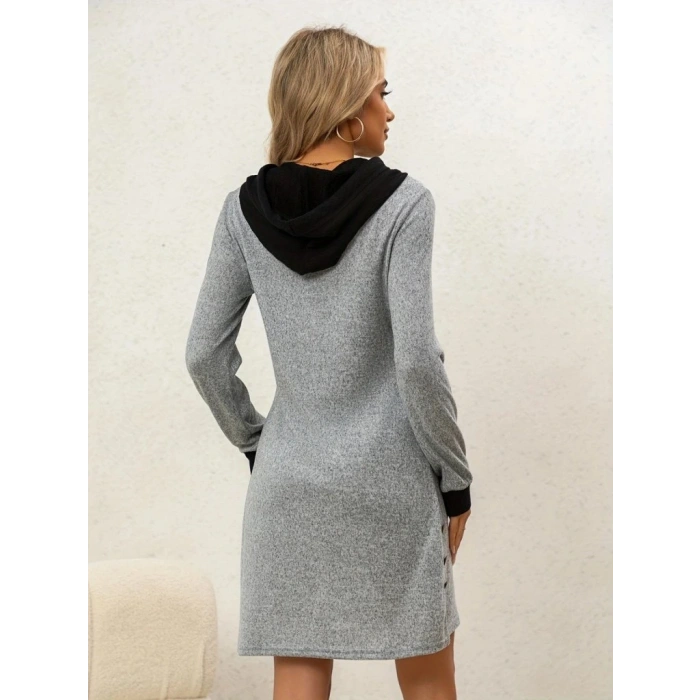 Kadın Uzun Kollu Kapşonlu önden Fermuarlı Düğmeli Mini Iki Iplik Elbise