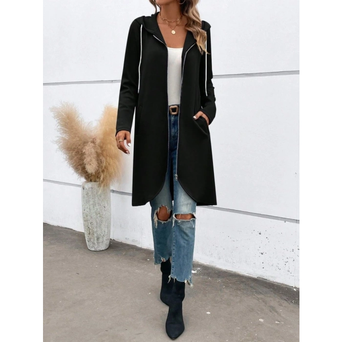 Kadın Uzun Kollu Kapşonlu önden Fermuarlı Midi Dalgıç Ceket