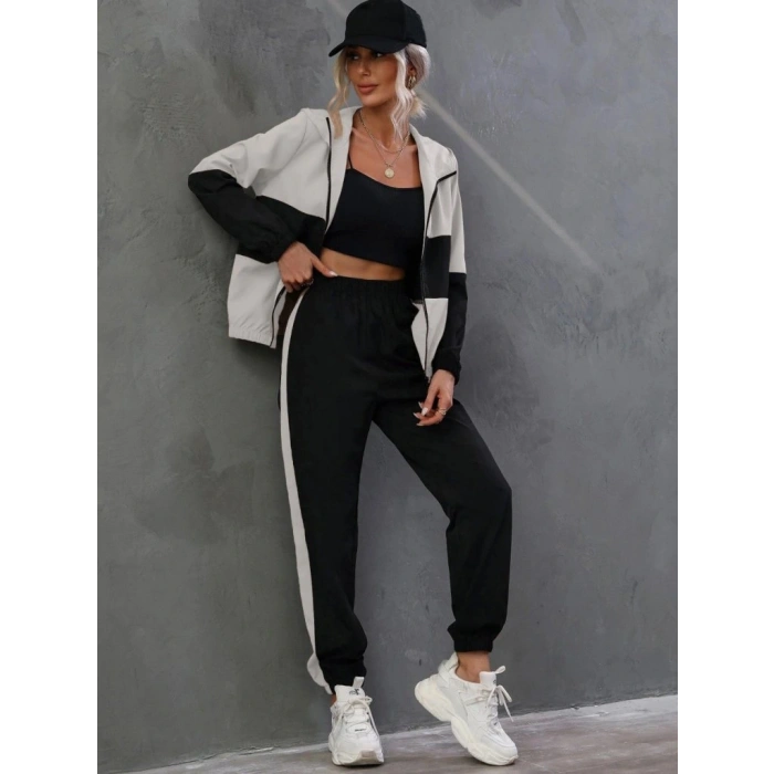 Kadın Uzun Kollu Kapşonlu önden Fermuarlı Viskon Iki Iplik Bluz Ve Pantolon Ikili Takım