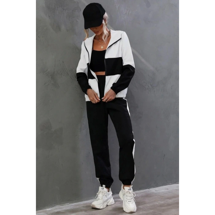 Kadın Uzun Kollu Kapşonlu önden Fermuarlı Viskon Iki Iplik Bluz Ve Pantolon Ikili Takım