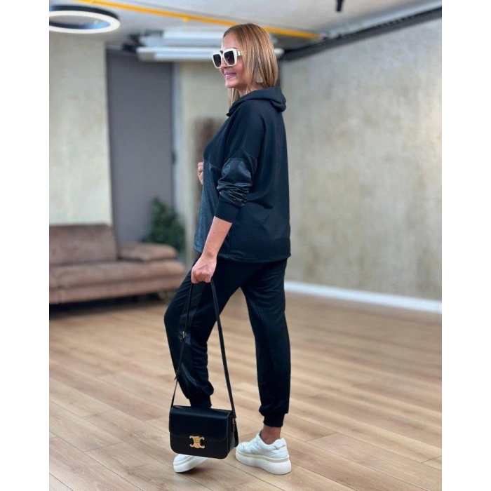 Kadın Uzun Kollu Kapşonlu Viskon Iki Iplik Bluz Ve Pantolon Ikili Takım