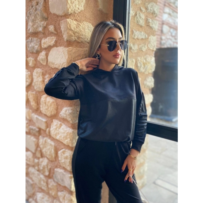 Kadın Uzun Kollu Kapşonlu Viskon Iki Iplik Bluz Ve Pantolon Ikili Takım