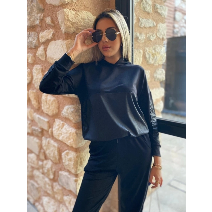 Kadın Uzun Kollu Kapşonlu Viskon Iki Iplik Bluz Ve Pantolon Ikili Takım