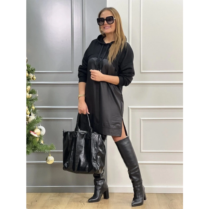 Kadın Uzun Kollu Kapüşon Ve Deri Detay Diz üstü Elbise