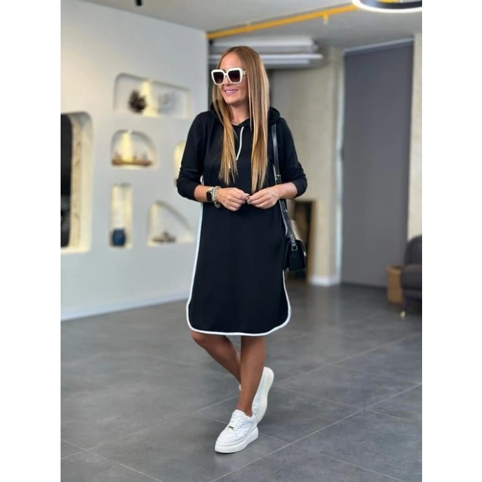 Kadın Uzun Kollu Kapüşon Ve Ribana Detay Diz üstü Elbise