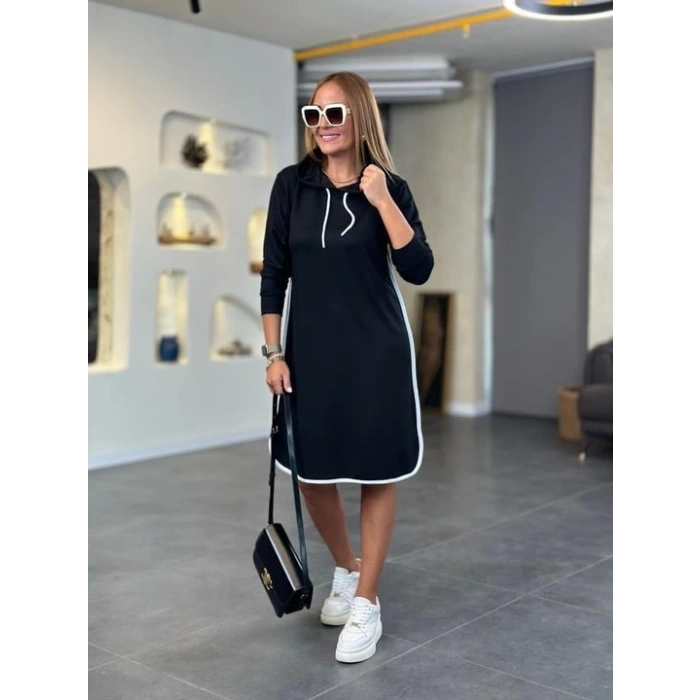 Kadın Uzun Kollu Kapüşon Ve Ribana Detay Diz üstü Elbise