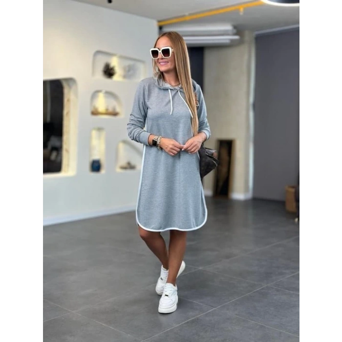 Kadın Uzun Kollu Kapüşon Ve Ribana Detay Diz üstü Elbise