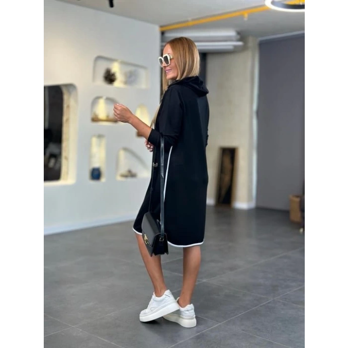 Kadın Uzun Kollu Kapüşon Ve Ribana Detay Diz üstü Elbise