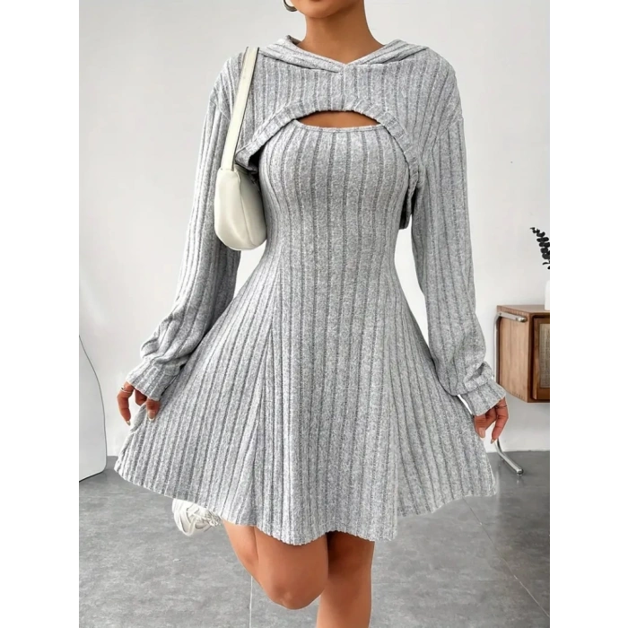 Kadın Uzun Kollu Kapüşonlu Ceket üst Ve Askısız Kare Yaka A Kesim şardonlu Kaşkorse Elbise