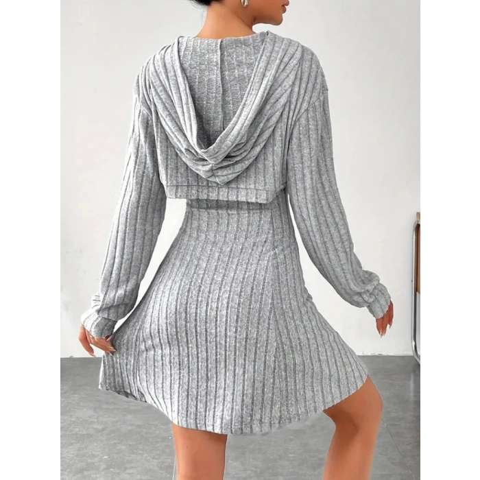 Kadın Uzun Kollu Kapüşonlu Ceket üst Ve Askısız Kare Yaka A Kesim şardonlu Kaşkorse Elbise