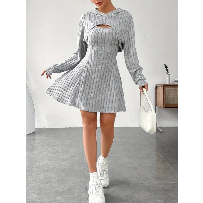 Kadın Uzun Kollu Kapüşonlu Ceket üst Ve Askısız Kare Yaka A Kesim şardonlu Kaşkorse Elbise