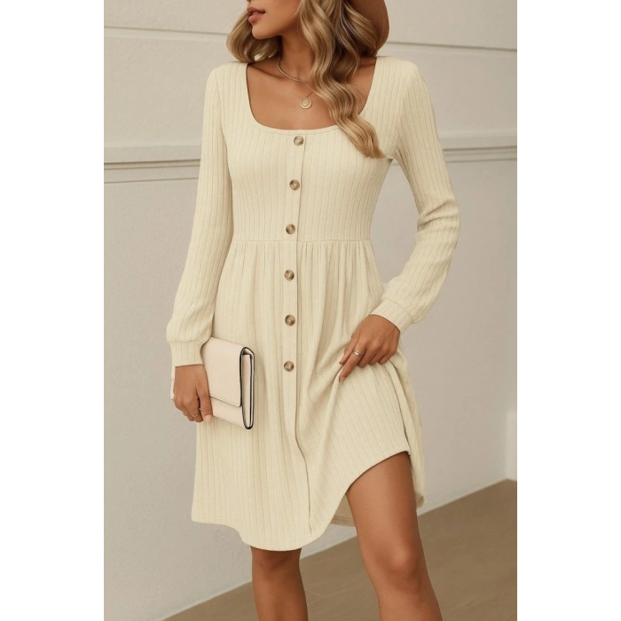 Kadın Uzun Kollu Kare Yaka Düğmeli Kısa şardonlu Iki Iplik Mini Elbise