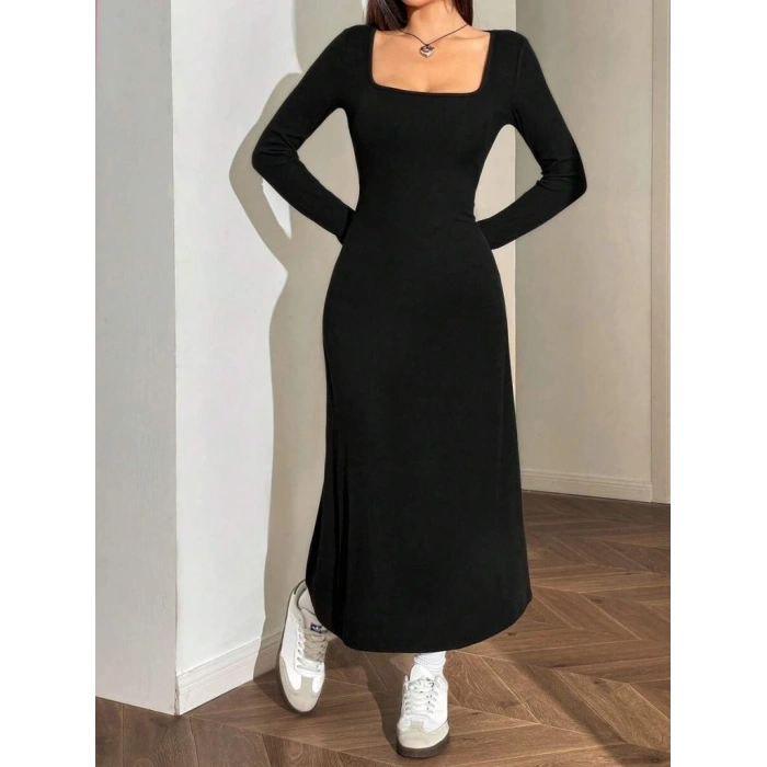 Kadın Uzun Kollu Kare Yaka Midi Kaşkorse Elbise
