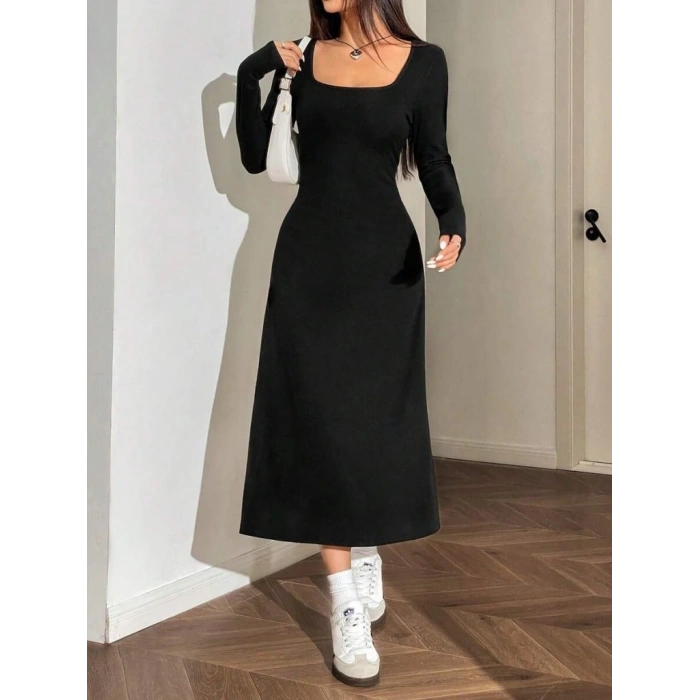 Kadın Uzun Kollu Kare Yaka Midi Kaşkorse Elbise