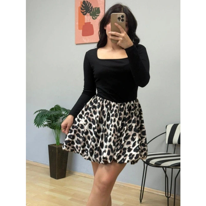 Kadın Uzun Kollu Kare Yaka Mini Balon Modal Elbise