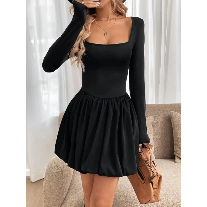 Kadın Uzun Kollu Kare Yaka Mini Balon Modal Elbise