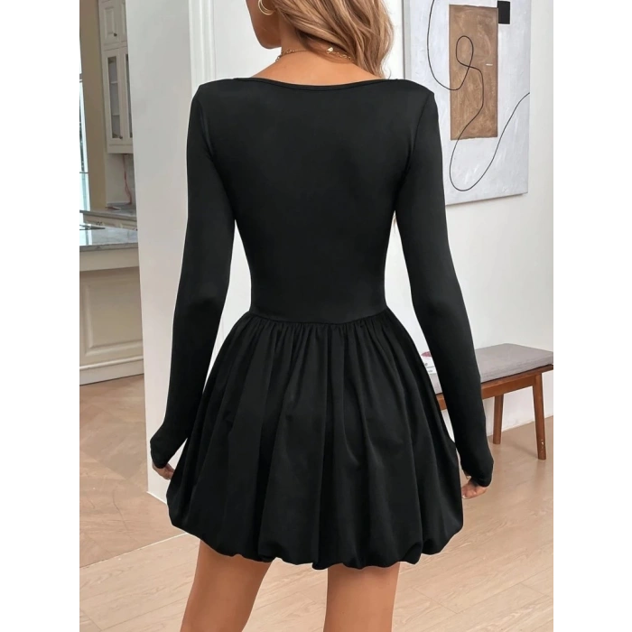 Kadın Uzun Kollu Kare Yaka Mini Balon Modal Elbise