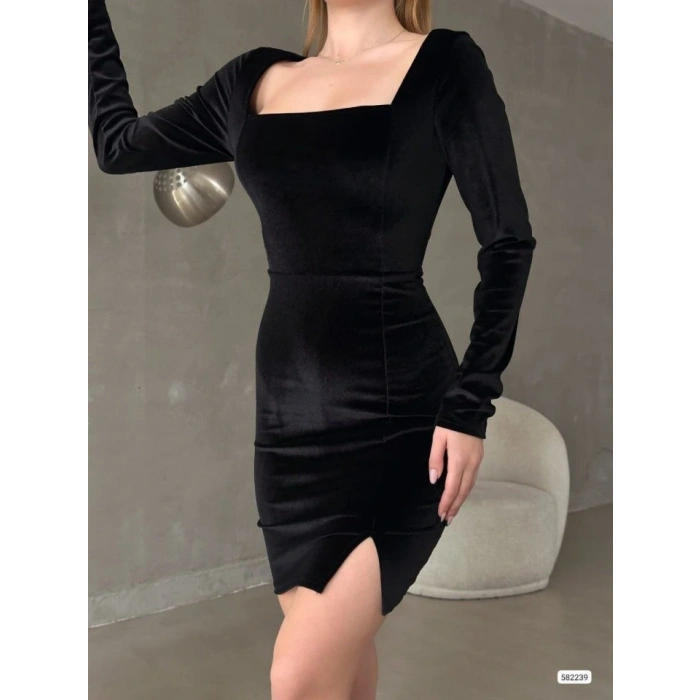 Kadın Uzun Kollu Kare Yaka Yırtmaç Detay Kadife Kumaş Mini Elbise