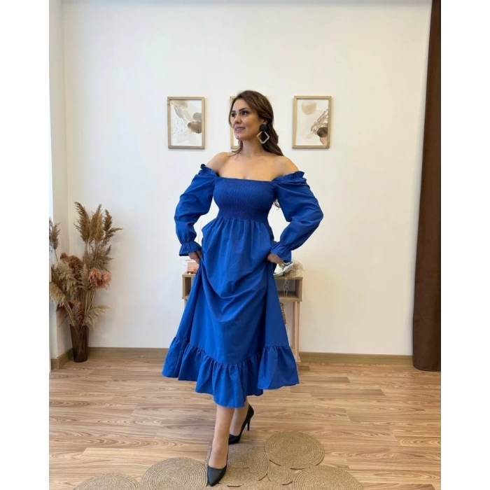 Kadın Uzun Kollu Kare Yakalı Gipeli Uzun Trikoton Elbise