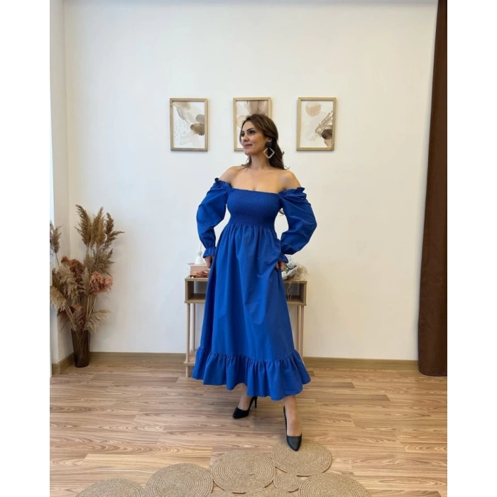 Kadın Uzun Kollu Kare Yakalı Gipeli Uzun Trikoton Elbise