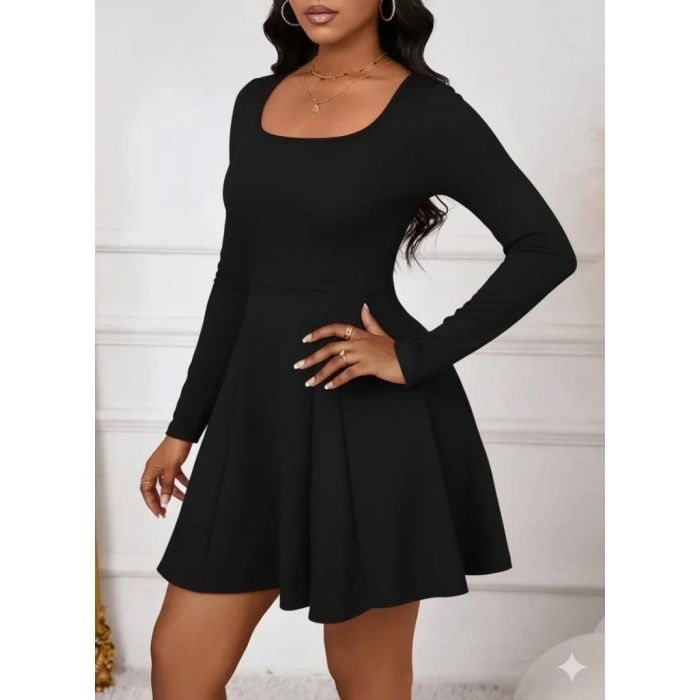 Kadın Uzun Kollu Kare Yakalı Mini Ithal Krep Elbise