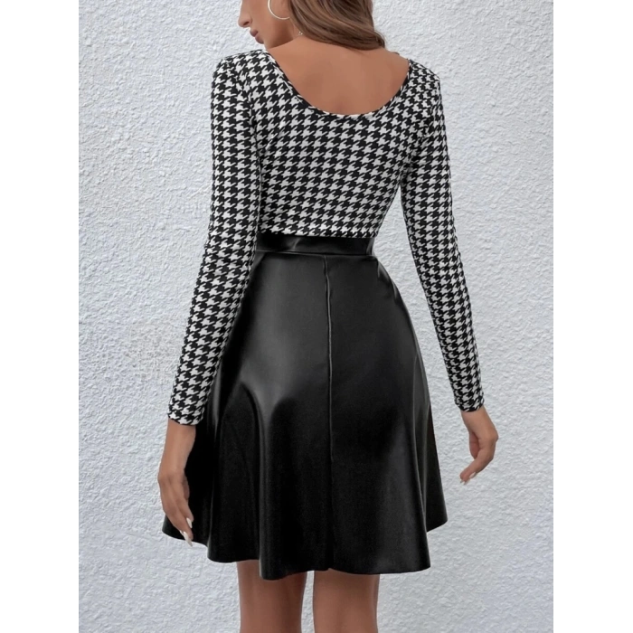 Kadın Uzun Kollu Kare Yakalı üst şardonlu Dalgıç Alt Deri Kısa Elbise