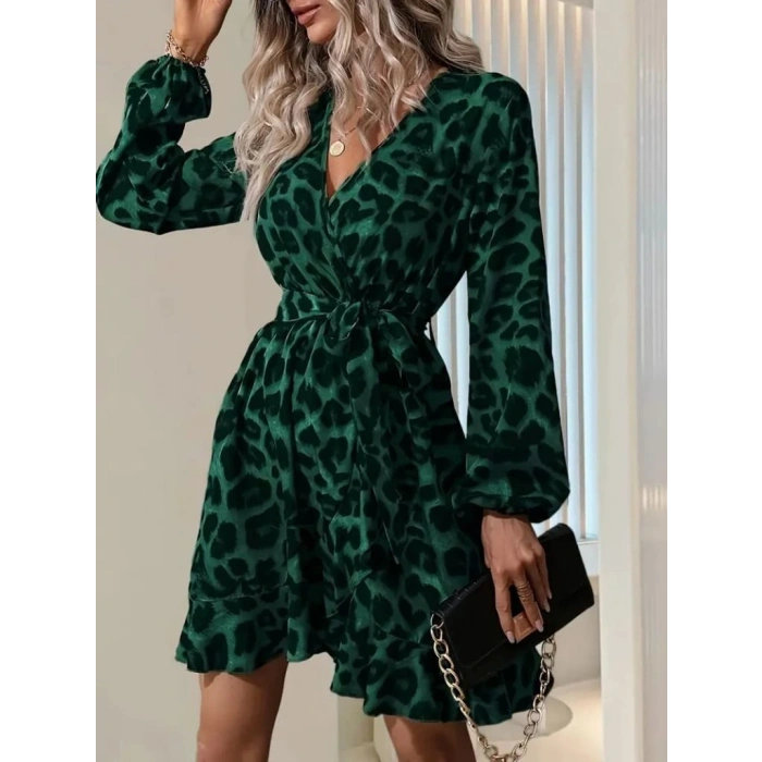 Kadın Uzun Kollu Kruvaze Yaka Beden Kuşaklı çapraz Kesim Detaylı Leopar Modal Mini Elbise
