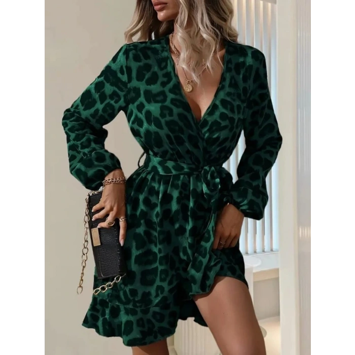Kadın Uzun Kollu Kruvaze Yaka Beden Kuşaklı çapraz Kesim Detaylı Leopar Modal Mini Elbise