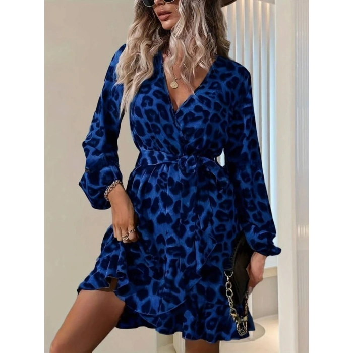 Kadın Uzun Kollu Kruvaze Yaka Belden Kuşaklı çapraz Kesim Detaylı Leopar Modal Mini Elbise