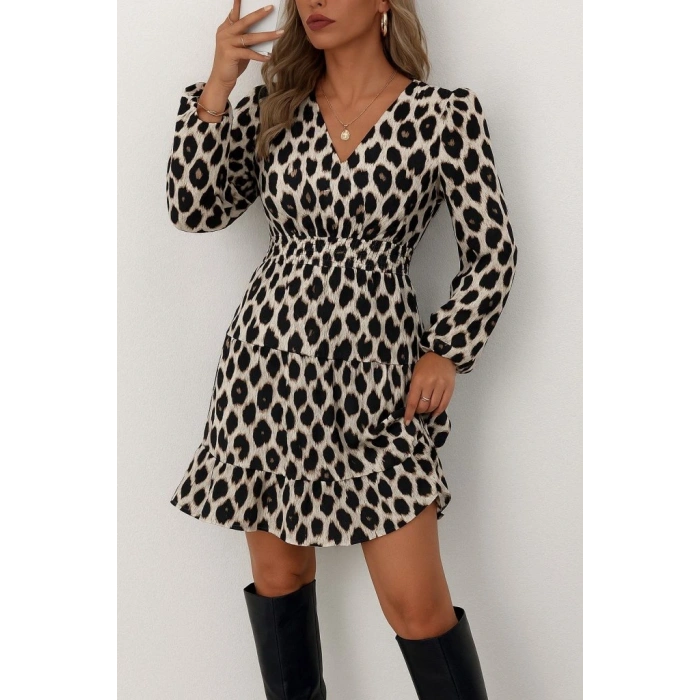 Kadın Uzun Kollu Kruvaze Yaka Desenli Mini Modal Elbise