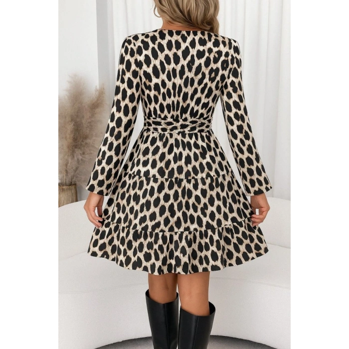 Kadın Uzun Kollu Kruvaze Yaka Desenli Mini Modal Elbise