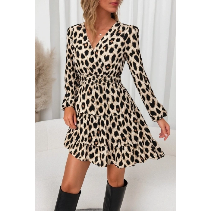 Kadın Uzun Kollu Kruvaze Yaka Desenli Mini Modal Elbise