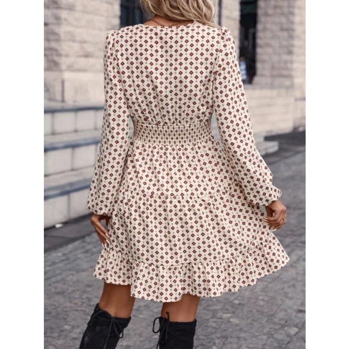 Kadın Uzun Kollu Kruvaze Yaka Desenli Mini Modal Elbise