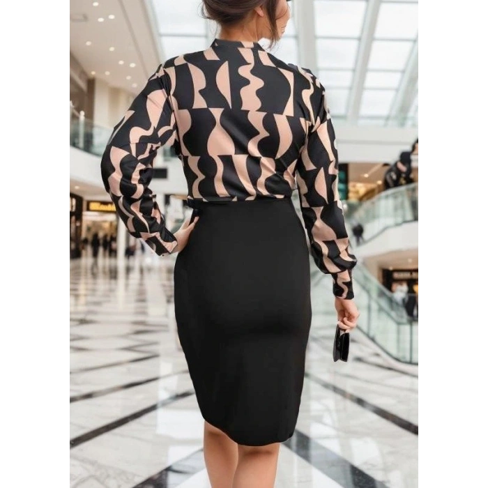 Kadın Uzun Kollu Kruvaze Yaka Dijital Baskılı Fiyonk Detay Atlas Kumaş Elbise