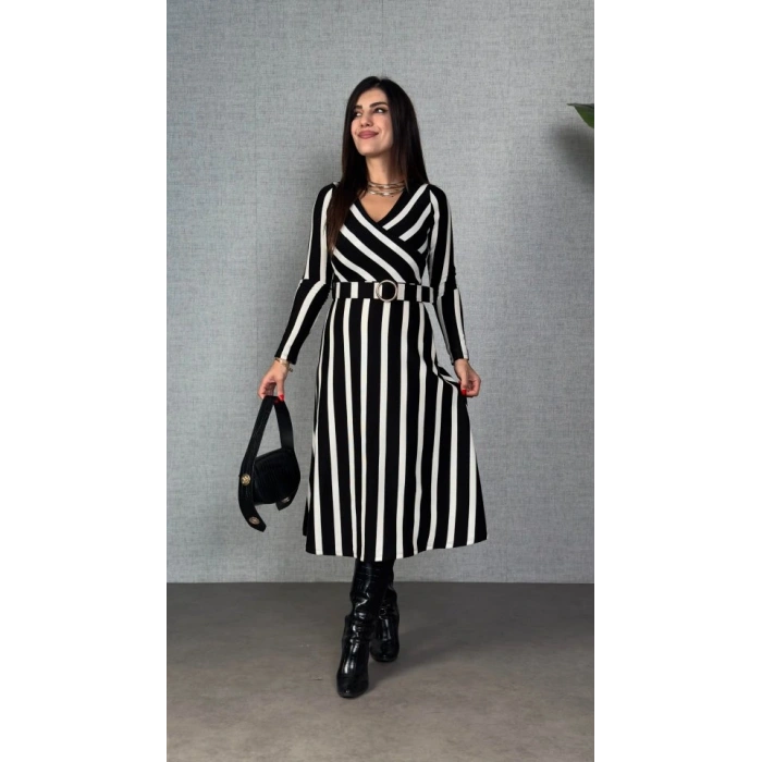 Kadın Uzun Kollu Kruvaze Yaka Kemer Dahil çizgili Triko Elbise