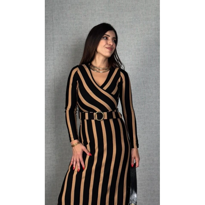 Kadın Uzun Kollu Kruvaze Yaka Kemer Dahil çizgili Triko Elbise
