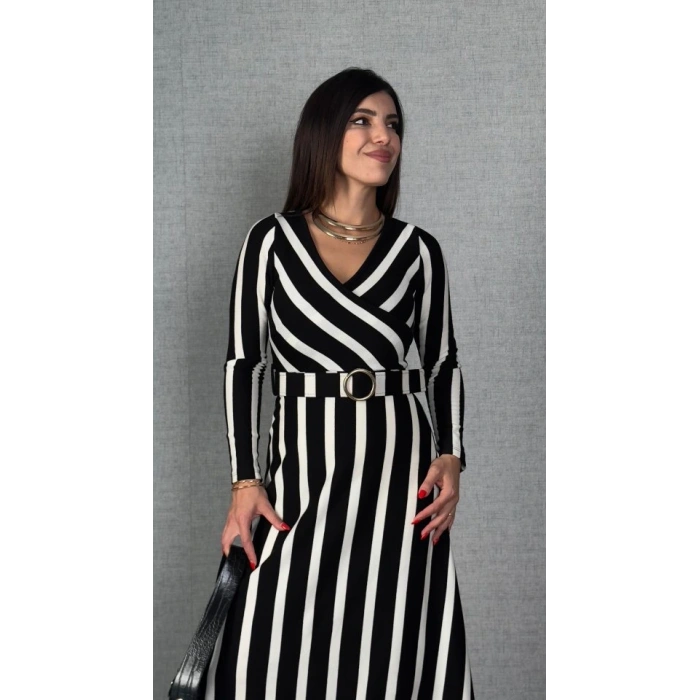 Kadın Uzun Kollu Kruvaze Yaka Kemer Dahil çizgili Triko Elbise