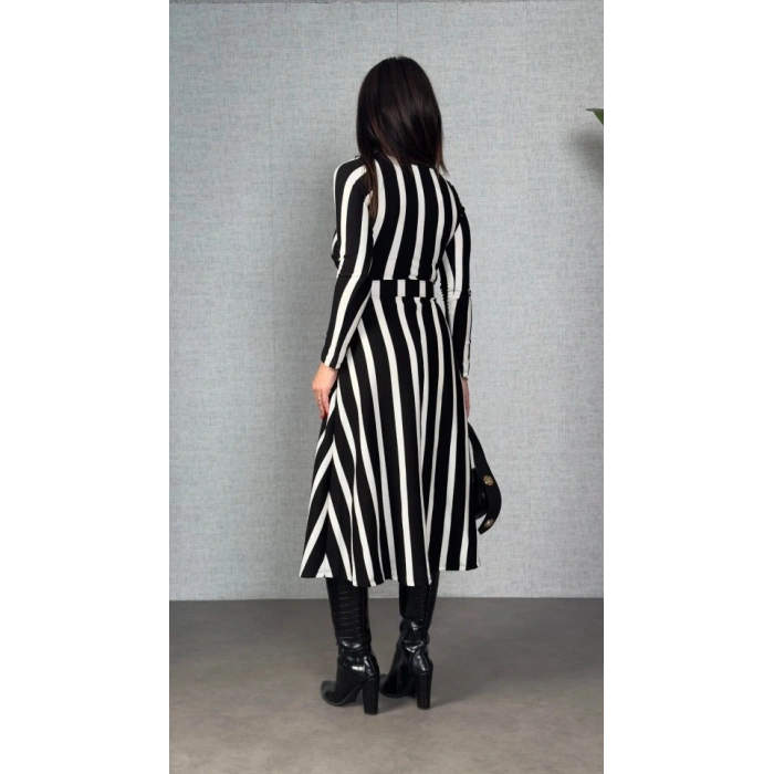 Kadın Uzun Kollu Kruvaze Yaka Kemer Dahil çizgili Triko Elbise