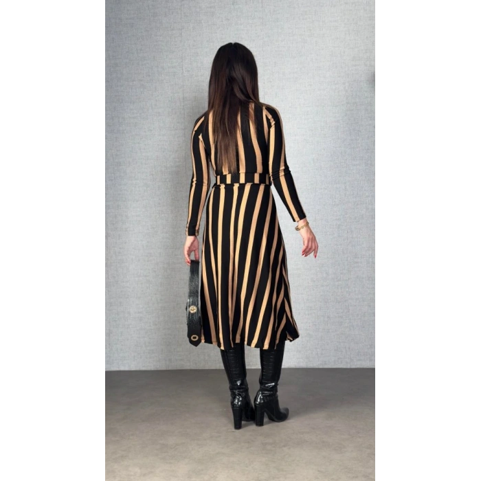 Kadın Uzun Kollu Kruvaze Yaka Kemer Dahil çizgili Triko Elbise