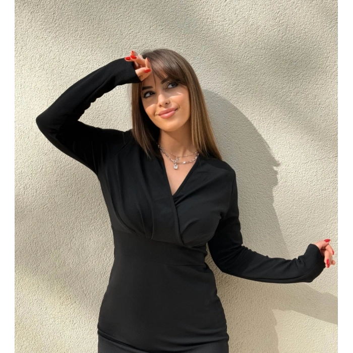 Kadın Uzun Kollu Kruvaze Yaka Krep Mini Boy Elbise