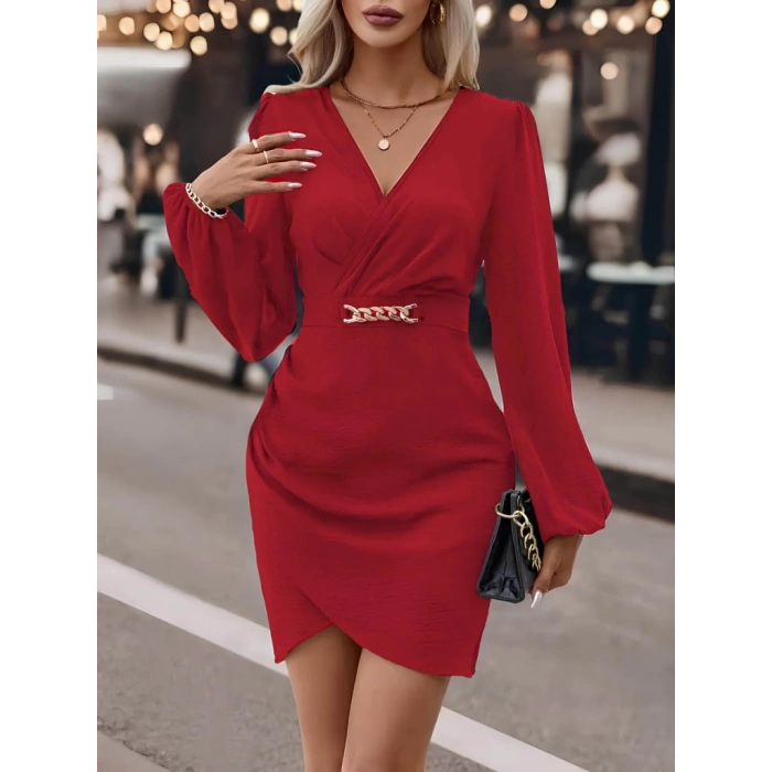 Kadın Uzun Kollu Kruvaze Yaka önden Asimetrik Detay Kısa Krep Elbise